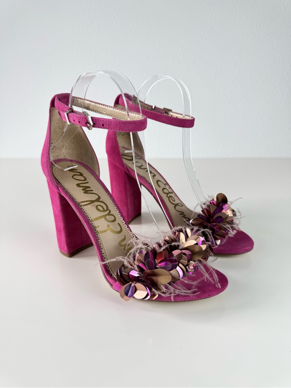 Sam Edelman Yal Heels Pink Suede, Sequins, Feathers Ankle Strap Size 7.5 - Picture 8 of 9